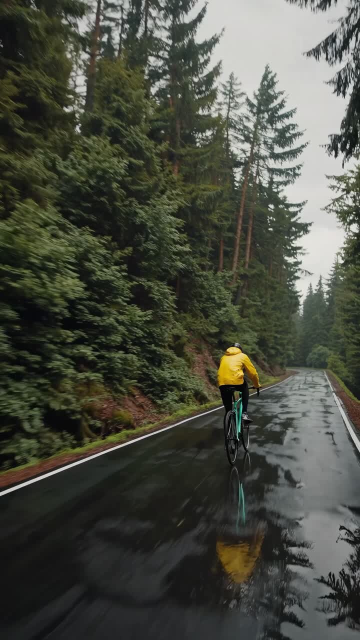 Aerial video of a cyclist in a yellow jacket riding on a wet forest road, surrounded by tall trees