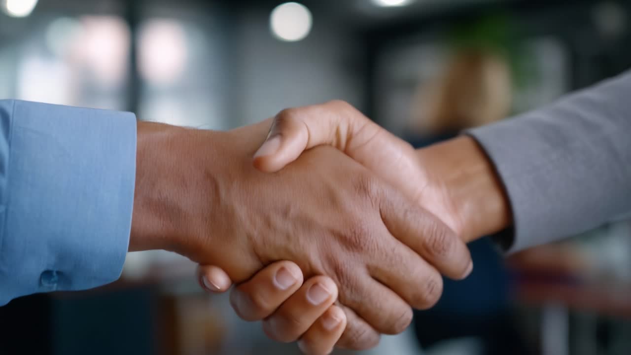 A Professional Handshake Symbolizing Agreement, Collaboration, and New Beginnings in a Modern Business Environment with Blurred Background Elements