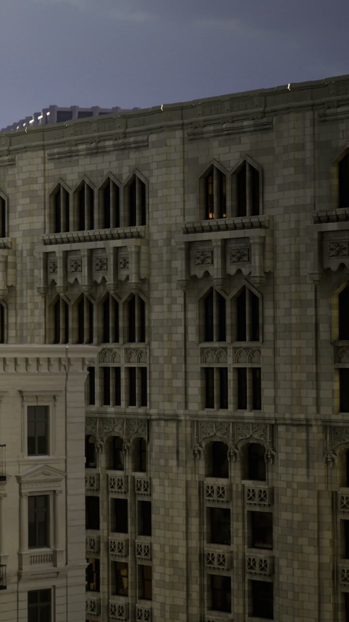 Sight of a historic building with intricate designs in an urban area at night
