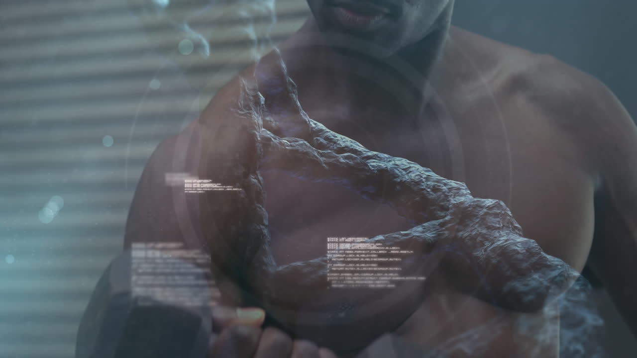 animación de una cadena de adn sobre un hombre musculoso haciendo ejercicio