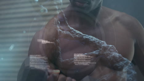 animación de una cadena de adn sobre un hombre musculoso haciendo ejercicio