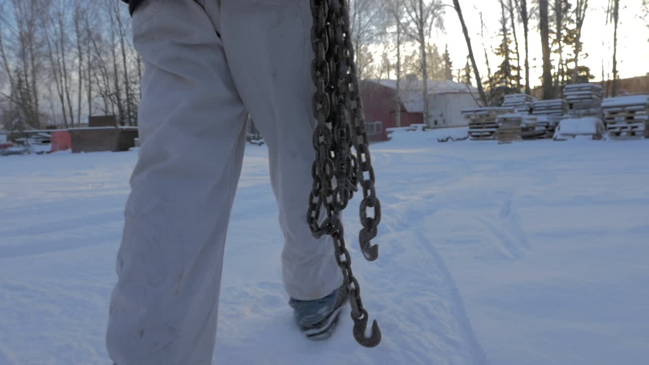 천천히 움직이는 남자 기계공이 눈 속에서 사슬을 들고 고