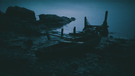 serene dusk at the shore with abandoned boats under twilight sky