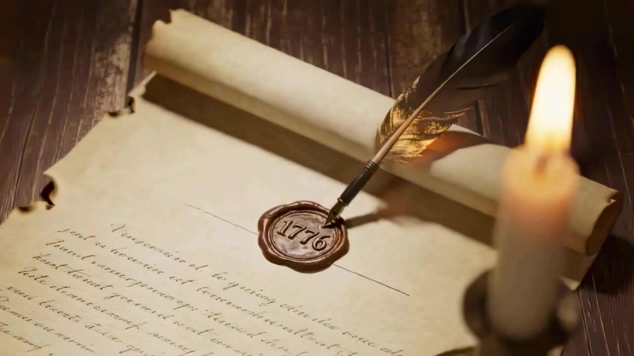 Camera shifting, quill moving across 1776 wax seal on parchment scroll wood table candle flickering