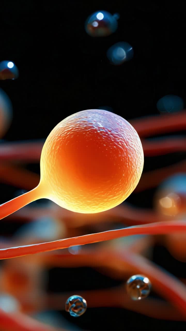Primo piano di una cellula vibrante circondata da sottili filamenti e bolle, che mostra intricate strutture biologiche in un mondo microcosmico