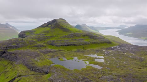 verde islas feroe paisaje montañoso con lagos y cielos nublados, vista aérea