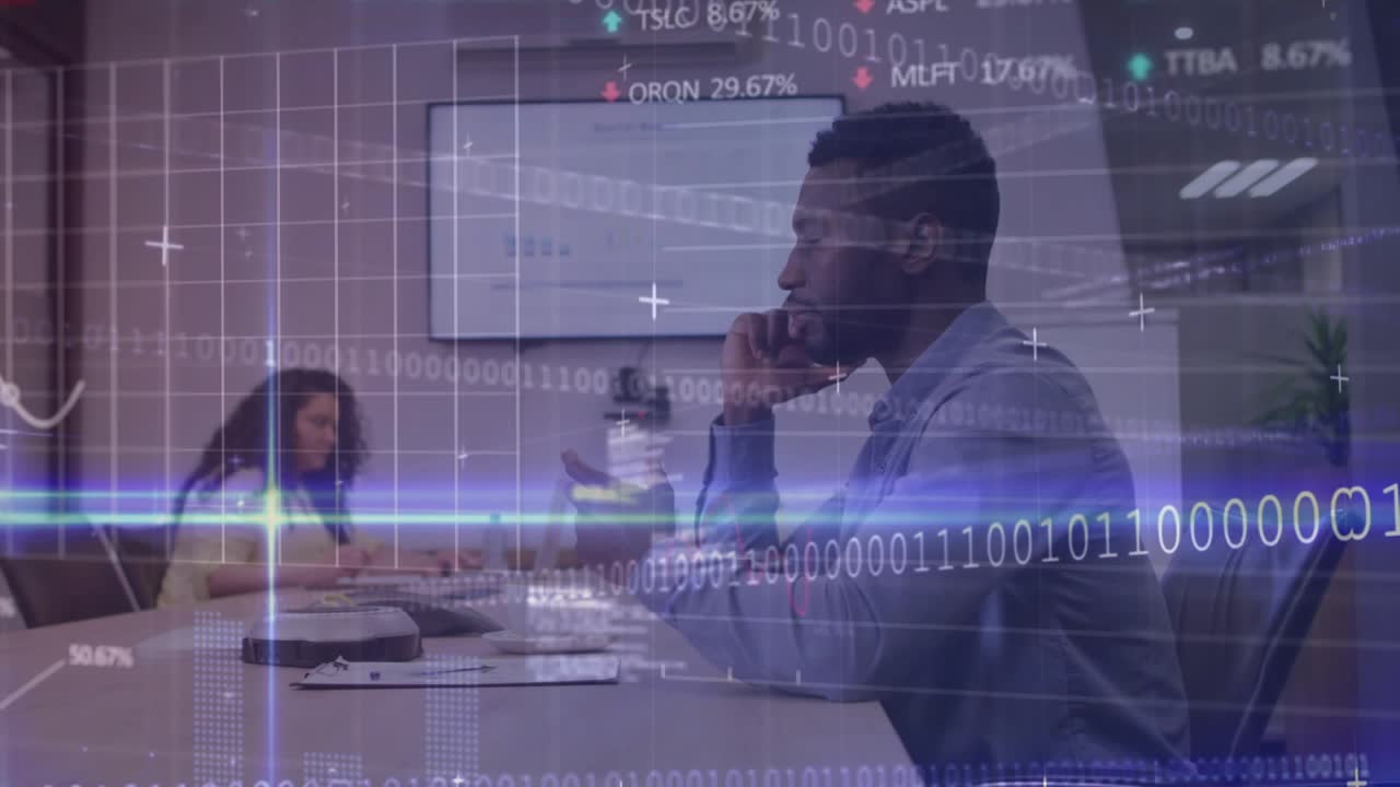 Colleagues watching laptop on live feed, data overlay growing for business analysis in meeting