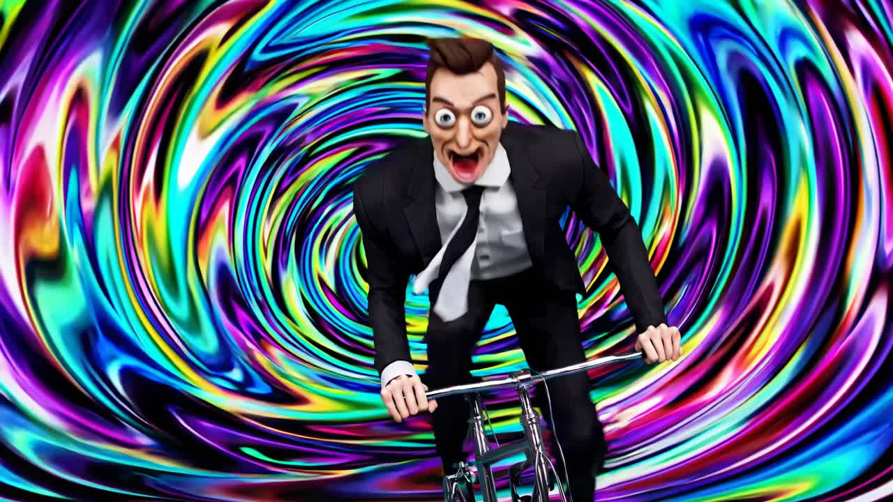 사이키델릭 소용돌이를 통해 자전거를 타는 사업가