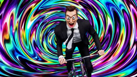 businessman riding bicycle through a psychedelic vortex