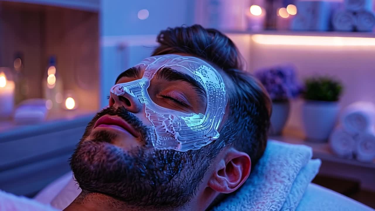 Man receiving a glowing face mask treatment at a spa