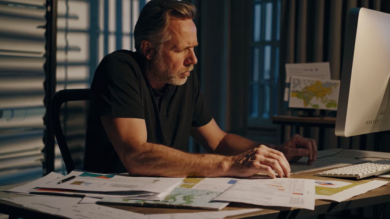 Focused mature male engineer working late at night in an industrial office, reviewing blueprints and using a computer to complete a project