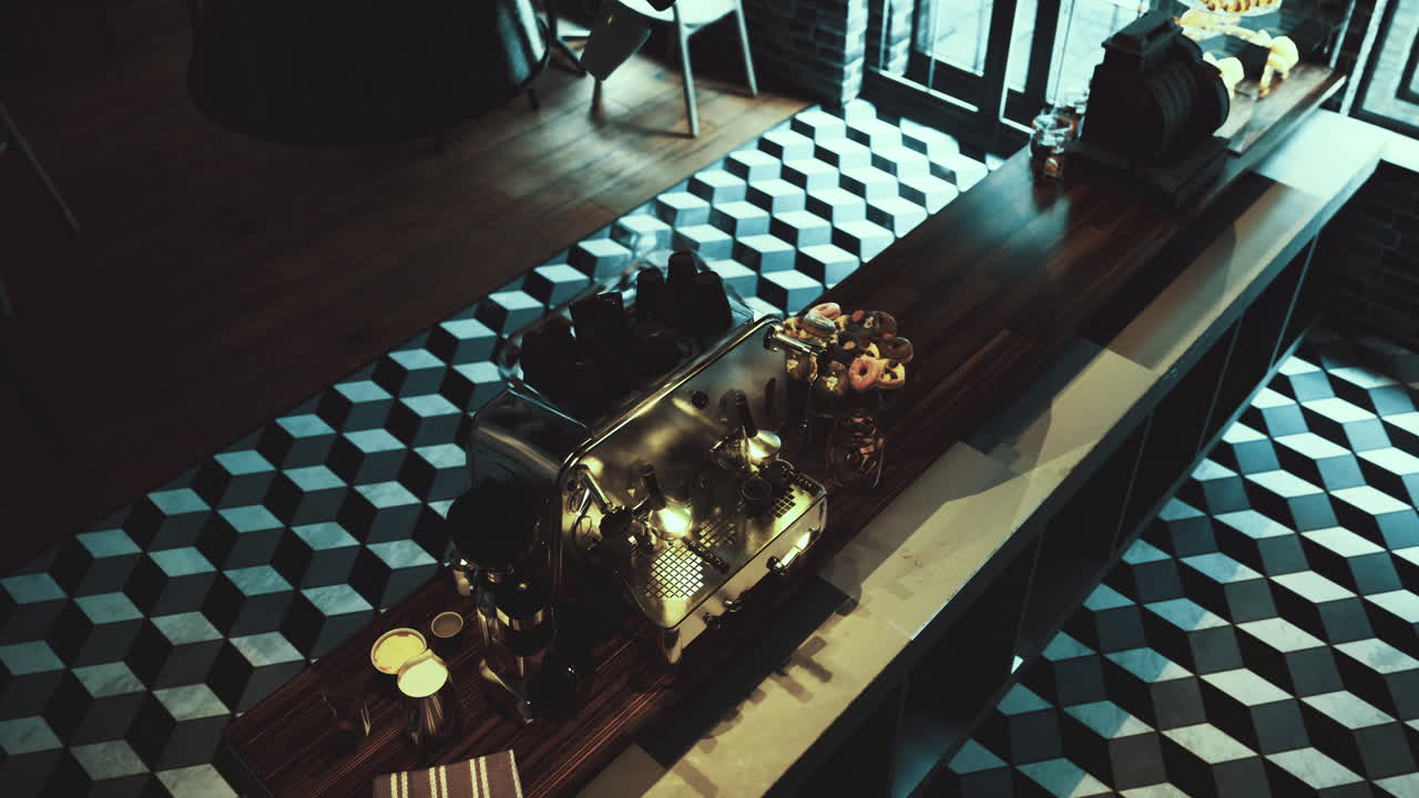 Cafe interior featuring coffee machine and vibrant decor during daytime