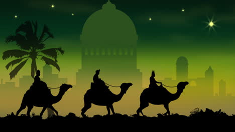 animation of silhouette of three wise men over city on green background