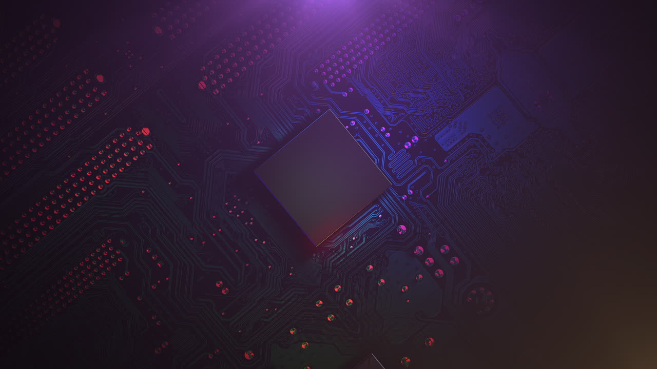 анимационный фон в стиле киберпанк с компьютерным чипом и неоновыми огнями