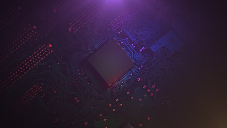 Cyberpunk animation background with computer chip and neon lights