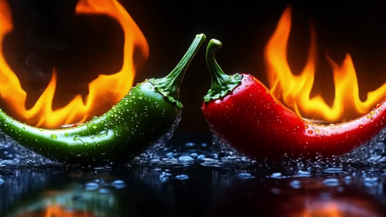 Bold peppers flame and water. Bright green and red chili peppers sit together, with flames and water droplets creating a vibrant, dynamic display.