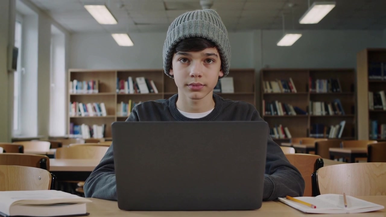 Studerende tenåring i grå lue og genser løfter hodet, lukker øynene på biblioteket, og legger merke til en laptop.