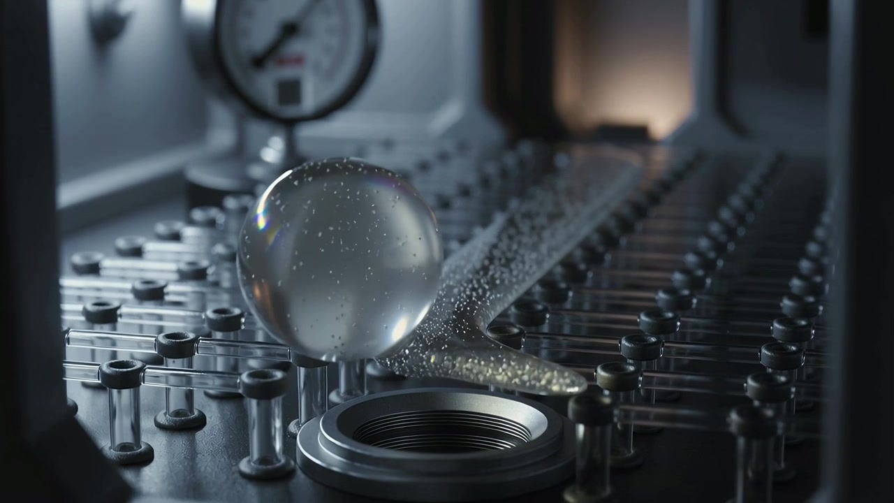 Liquid Metal Sphere Moving Across Industrial Surface with Pressure Gauge