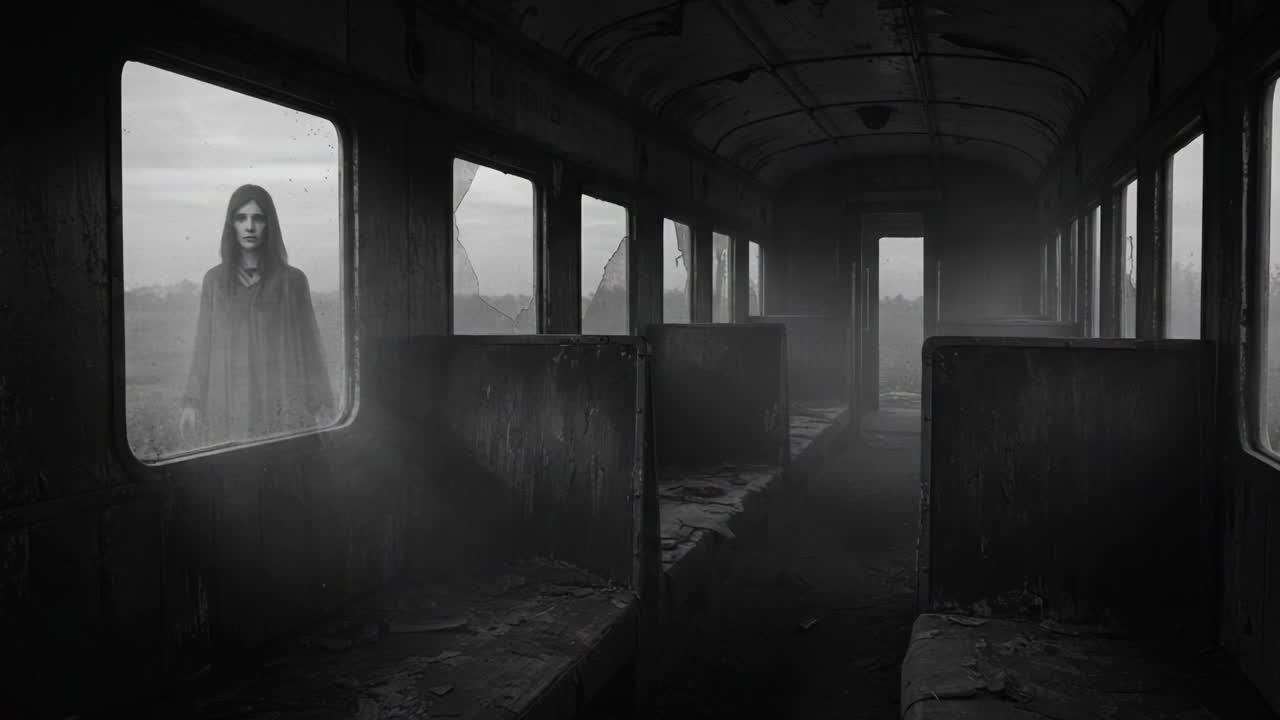 A Haunting Presence in an Abandoned Train: A Ghostly Figure Stares Out from an Empty Carriage into a Foggy Landscape of Desolation and Mystery