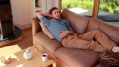 un joven guapo relajándose en su sofá.