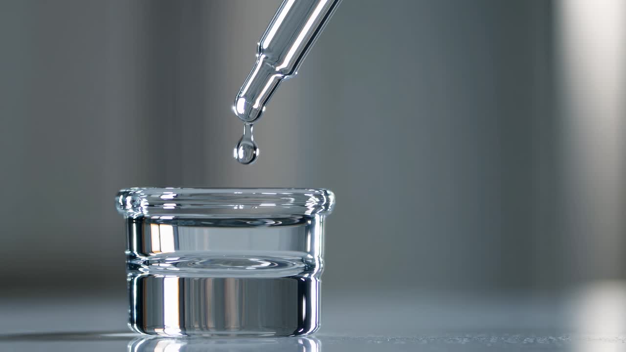 Video ravvicinato di una pipetta sopra un contenitore di vetro, che mostra precisione e chiarezza