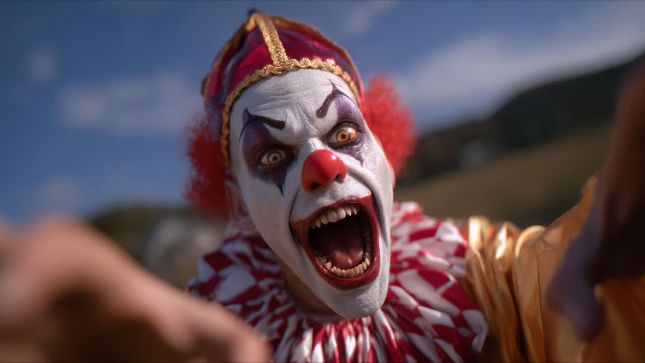 A Frightening Clown Displaying an Intense Expression with an Outstretched Hand Against a Colorful Background, Capturing a Moment of Eerie Horror and Fun