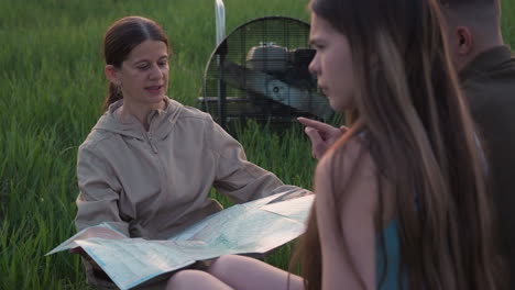 woman in beige flight suit seated on grass holding unfolded map while young couple points at map beside fan cage and deflated colorful balloon fabric on farmland under soft evening light