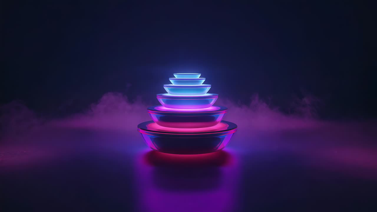 Shifting lights boosting cyan-magenta glow on tiered rings in studio, fog spreading on glossy floor