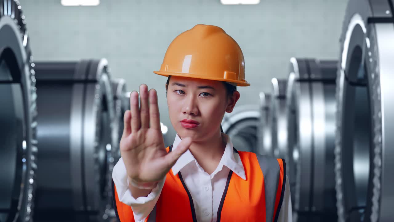 안전 헬을 입은 아시아 여성 엔지니어가 금속 공장에서 서 있는 동안 손 표시 없이 불쾌감을 표합니다.