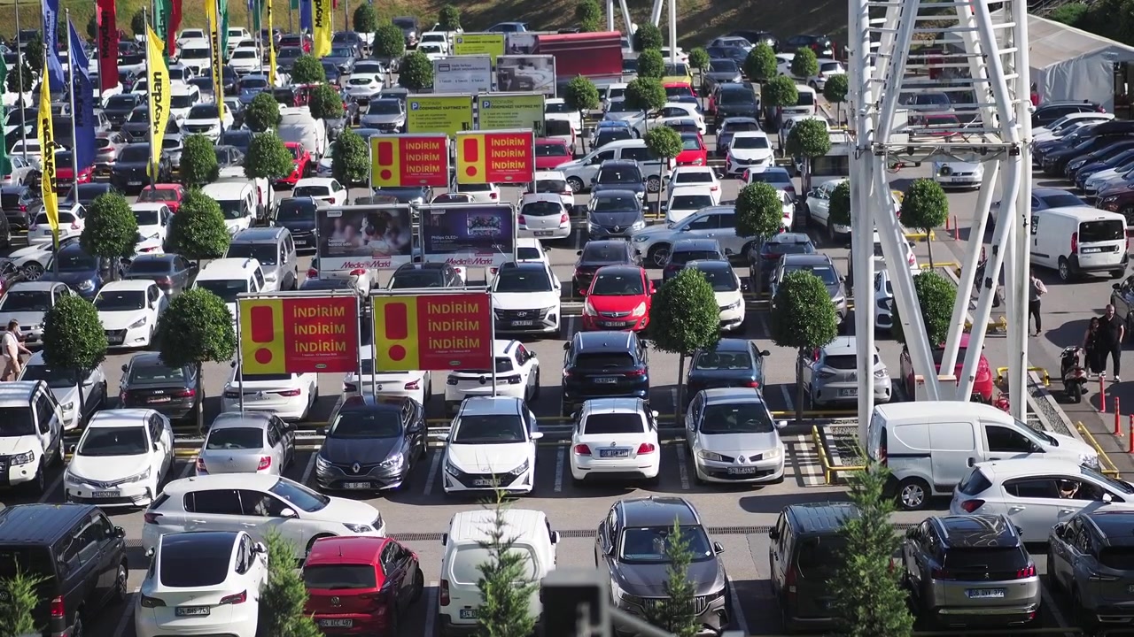 Vista aérea de un estacionamiento abarrotado en un centro comercial.