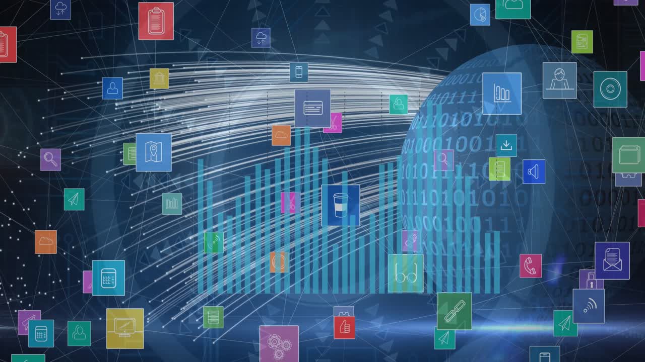 데이터 처리 및 글로브와 함께 범위 스캐닝 이상 아이콘으로 연결 네트워크의 애니메이션