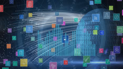 Animation-Des-Verbindungsnetzwerks-Mit-Symbolen-über-Scope-Scanning-Mit-Datenverarbeitung-Und-Globus