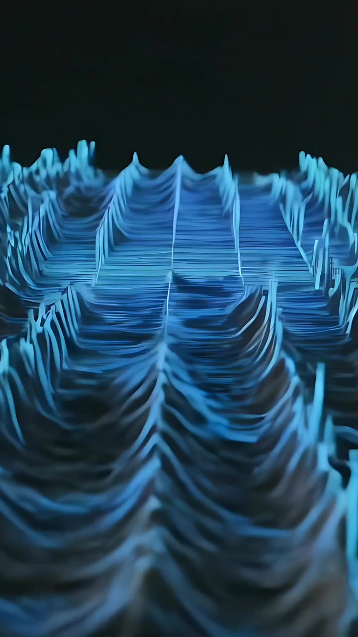 Vertical video: Rippling teal grid forming ridged terrain in void after blue beam contacting pillar