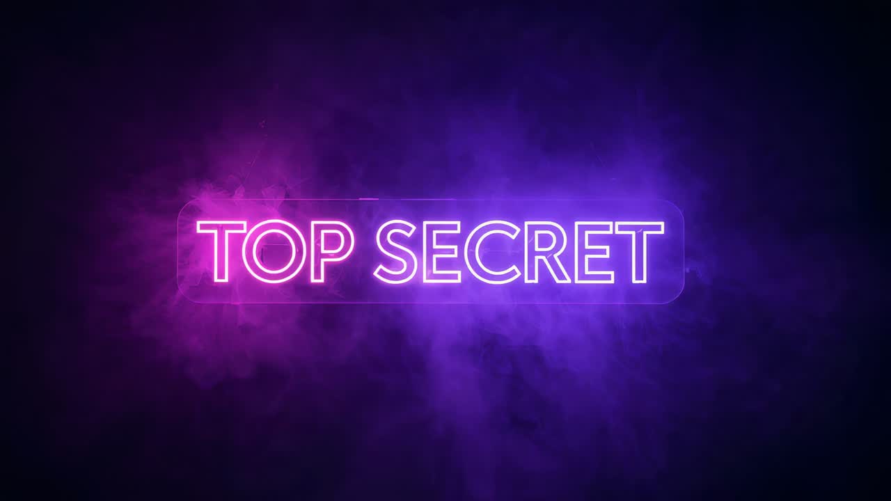Titolo TOP SECRET al neon lampeggiante che pulsa in uno studio buio con tonalità magenta e viola che accentua il supporto arrotondato