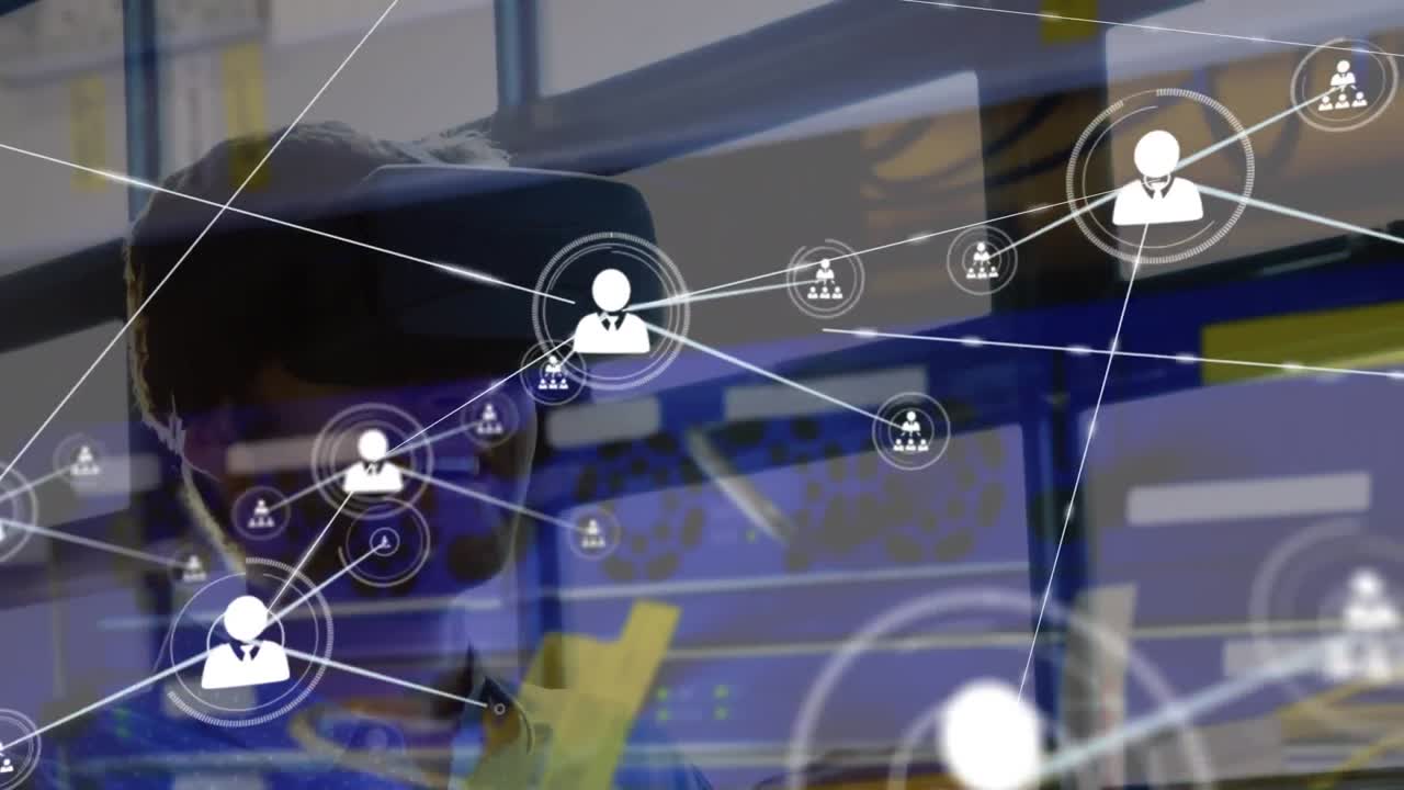 animaciones de la red de conexiones sobre hombres caucásicos usando auriculares vr