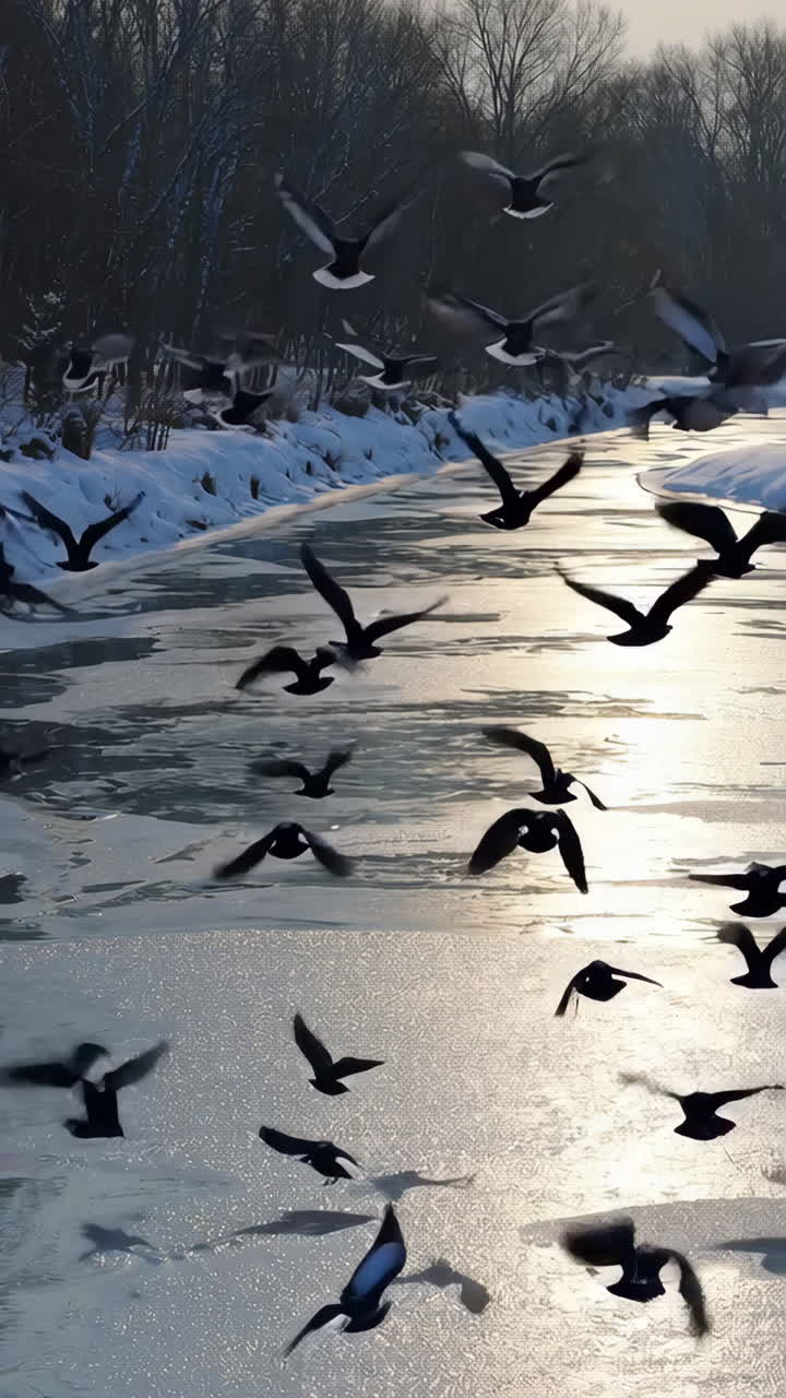 Flock of Birds Flying Over a Frozen River in Winter