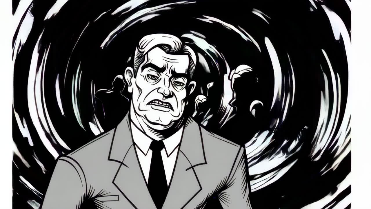 Illustrated Man with Grimace and Swirling Background