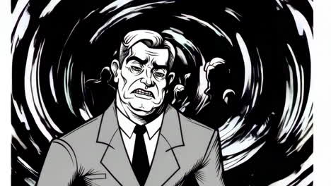 illustrated man with grimace and swirling background
