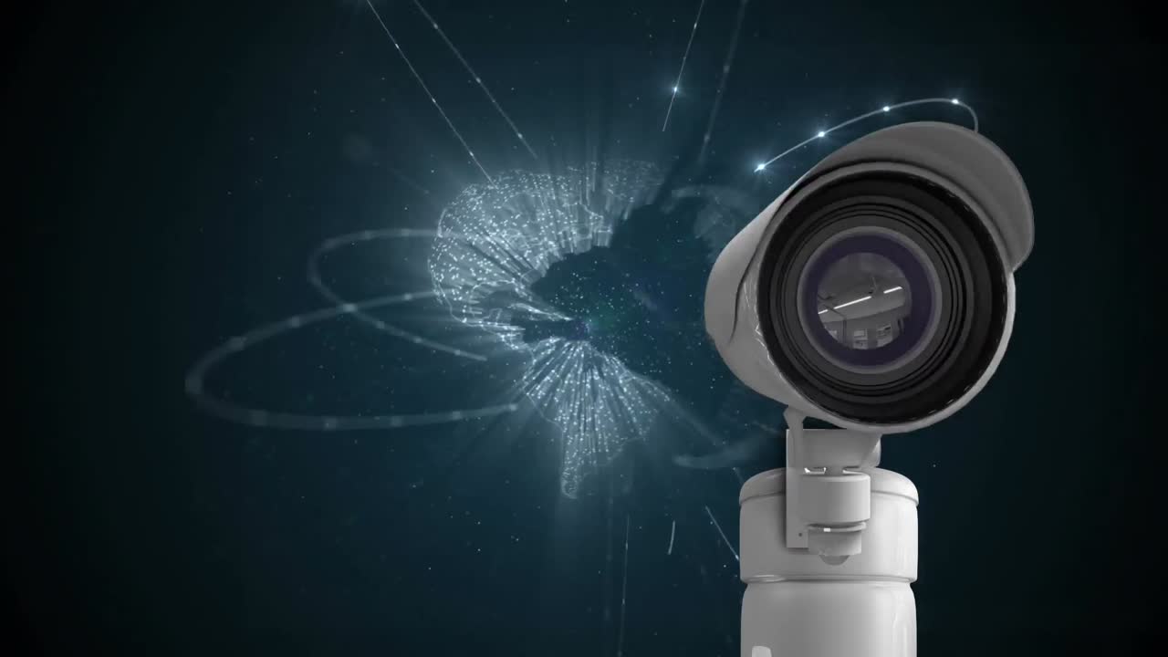 Animation of moving surveillance camera with starburst and glowing network connection on black