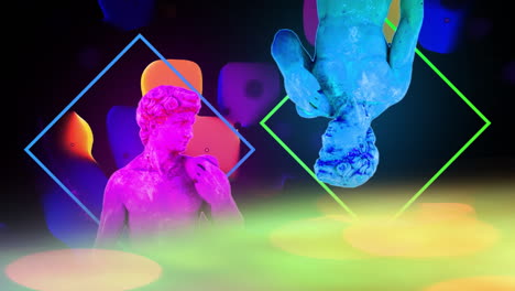 animation of diamonds over pink and blue classical statues over colourful abstract shapes on black