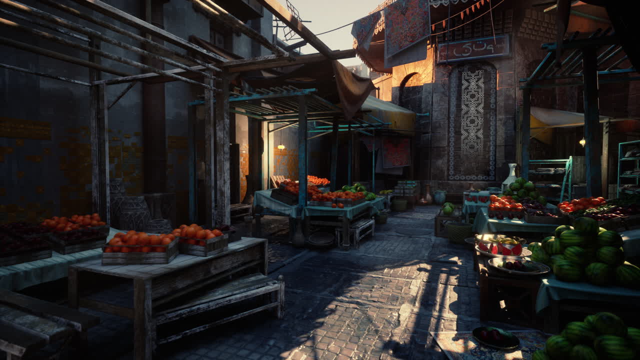 Sundrenched alley filled with vibrant produce and rustic charm