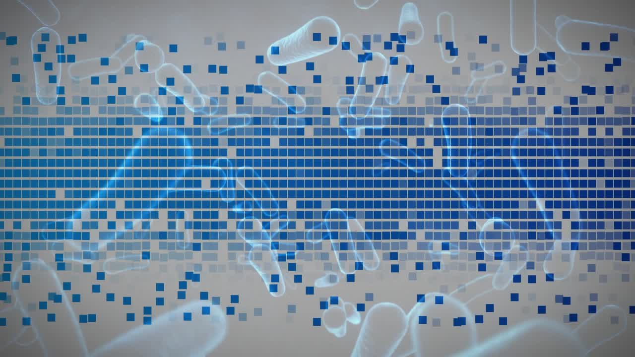 At start pixel squares swaying across navy band, capsules drifting, rotating representing data flow