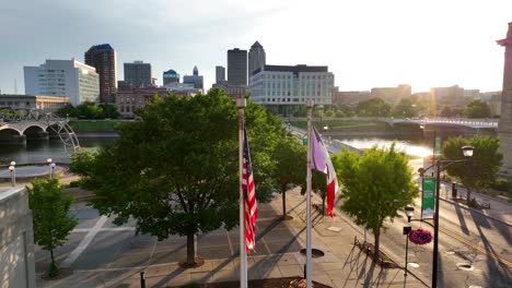 des moines waterfront during sunset