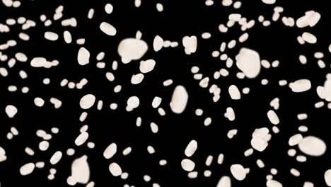 volando mucho arroz en fondo negro. granos de arroz blanco. arroz glutinoso. vegetariano. comida saludable. animación de bucle 3d de arroz girando.