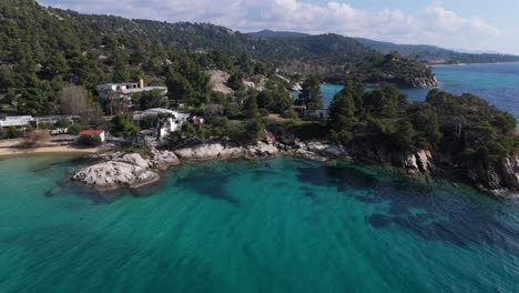 Vista-Aérea-De-La-Increíble-Playa-De-Kalogria-En-Sithonia-Chalidiki,-Grecia.