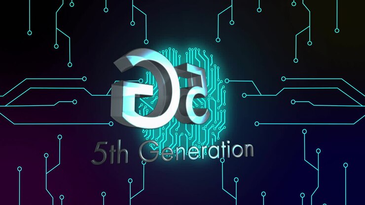 Ge metallico 3D fluttuante che aleggia sopra il testo 5G, con tracce di circuito ciano luminescenti che si estendono.