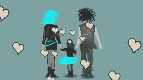 animation of back view of punk couple with daughter over green background with hearts