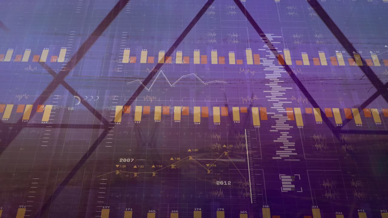 animación del procesamiento de datos financieros sobre torres eléctricas y paisaje