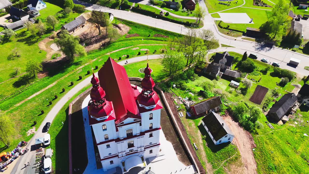 Historic aerial flyover of Saint Lawrence spiritual monument and Christian worship site in Lithuania
