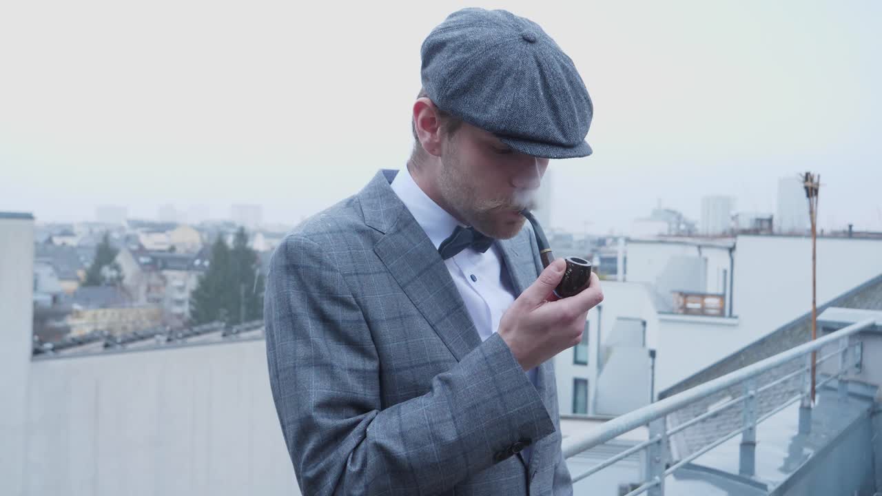 이 비디오에는 작은 눈송이가 배경에서 내려오는 동안 발코니에서 파이프 담배를 피우기 시작하는 멋진 양복을 입은 남자가 있습니다.